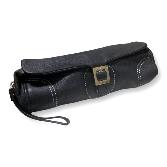 KATE SPADE VINTAGE CLUTCH Black Pebble Leather Barrel Gold Hardware Size 14 x4